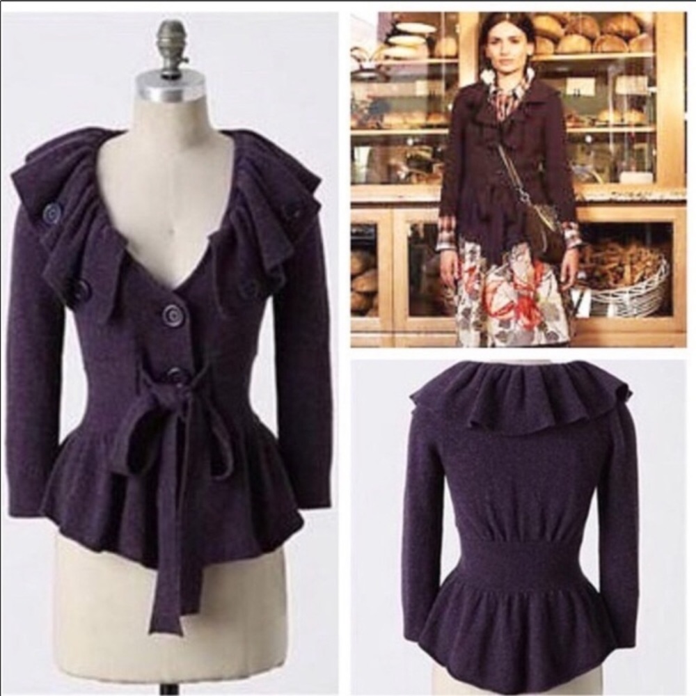 Anthropologie Purple Ruffled Cardigan